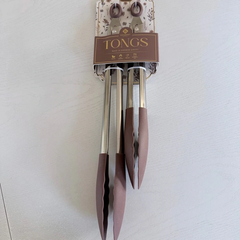 Brown and Silver Gourmet Superior Quality Kitchen Tongs Set of 2